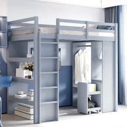 Lit Mezzanine enfant 90x200 cm en Bois Gris avec Étagères, Porte-Vêtements & Chariot de Rangement Amovible - Multifonction - Gris>Okwish
