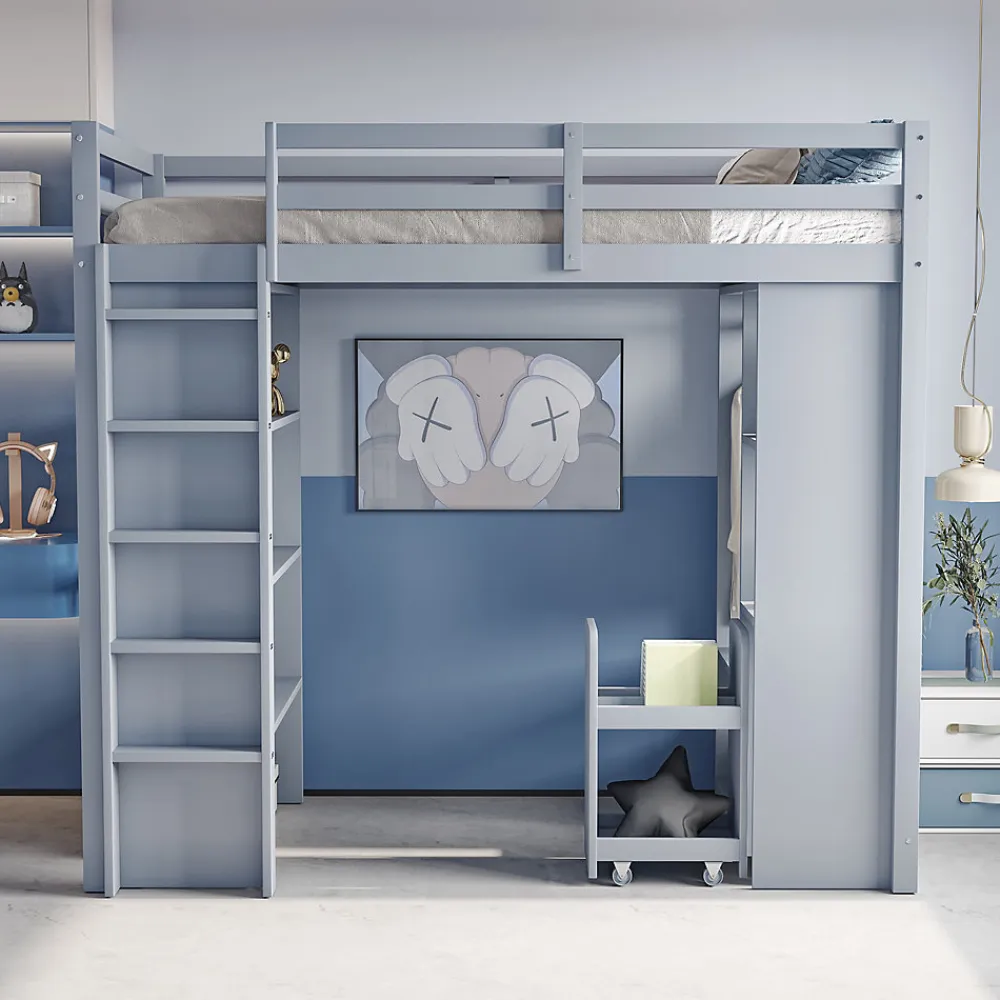 Lit Mezzanine enfant 90x200 cm en Bois Gris avec Étagères, Porte-Vêtements & Chariot de Rangement Amovible - Multifonction - Gris>Okwish