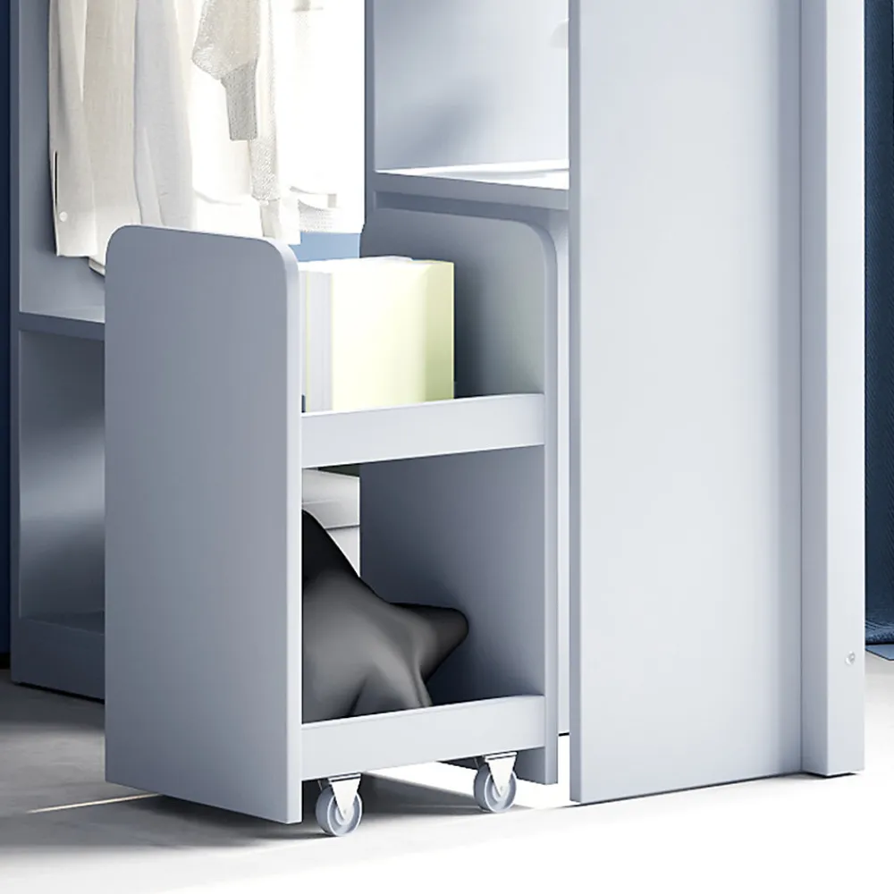 Lit Mezzanine enfant 90x200 cm en Bois Gris avec Étagères, Porte-Vêtements & Chariot de Rangement Amovible - Multifonction - Gris>Okwish