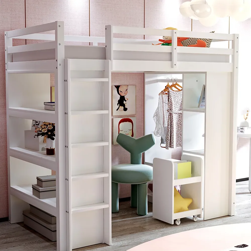 Okwish Lit Mezzanine enfant 90x200 cm en Bois avec Étagères, Porte-Vêtements & Chariot de Rangement Amovible - Multifonction - Blanc* Lit Mezzanine