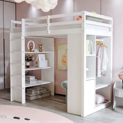 Okwish Lit Mezzanine enfant 90x200 cm en Bois avec Étagères, Porte-Vêtements & Chariot de Rangement Amovible - Multifonction - Blanc* Lit Mezzanine