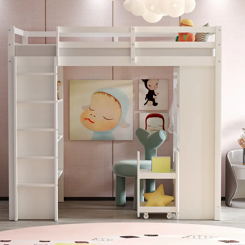 Okwish Lit Mezzanine enfant 90x200 cm en Bois avec Étagères, Porte-Vêtements & Chariot de Rangement Amovible - Multifonction - Blanc* Lit Mezzanine