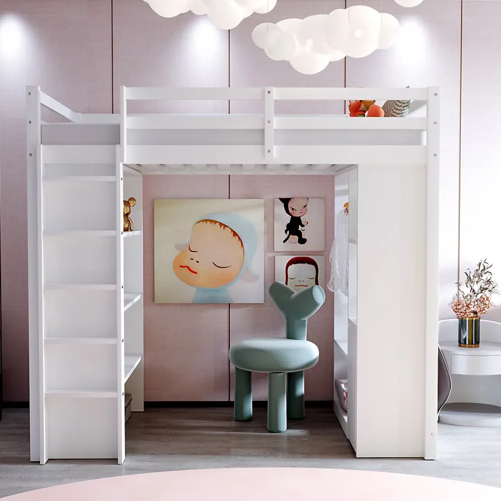 Okwish Lit Mezzanine enfant 90x200 cm en Bois avec Étagères, Porte-Vêtements & Chariot de Rangement Amovible - Multifonction - Blanc* Lit Mezzanine