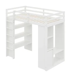 Okwish Lit Mezzanine enfant 90x200 cm en Bois avec Étagères, Porte-Vêtements & Chariot de Rangement Amovible - Multifonction - Blanc* Lit Mezzanine