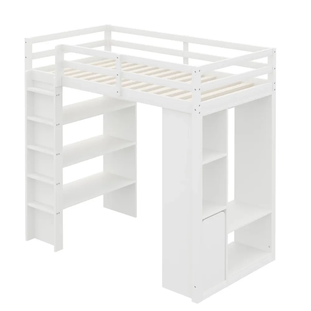 Okwish Lit Mezzanine enfant 90x200 cm en Bois avec Étagères, Porte-Vêtements & Chariot de Rangement Amovible - Multifonction - Blanc* Lit Mezzanine