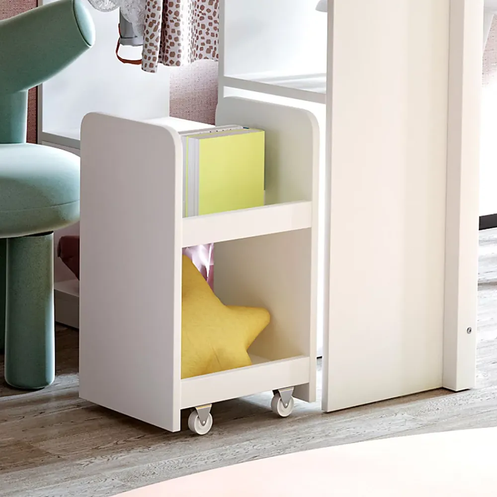 Okwish Lit Mezzanine enfant 90x200 cm en Bois avec Étagères, Porte-Vêtements & Chariot de Rangement Amovible - Multifonction - Blanc* Lit Mezzanine