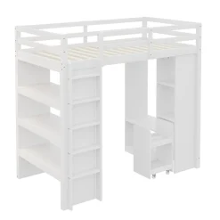 Okwish Lit Mezzanine enfant 90x200 cm en Bois avec Étagères, Porte-Vêtements & Chariot de Rangement Amovible - Multifonction - Blanc* Lit Mezzanine