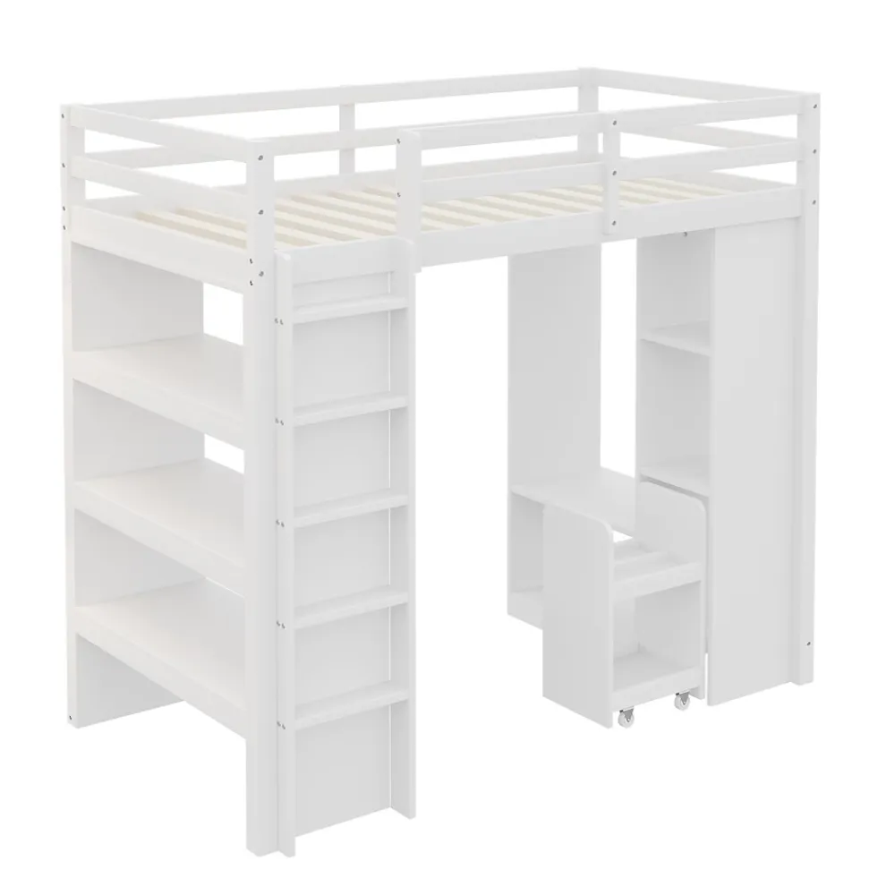 Okwish Lit Mezzanine enfant 90x200 cm en Bois avec Étagères, Porte-Vêtements & Chariot de Rangement Amovible - Multifonction - Blanc* Lit Mezzanine