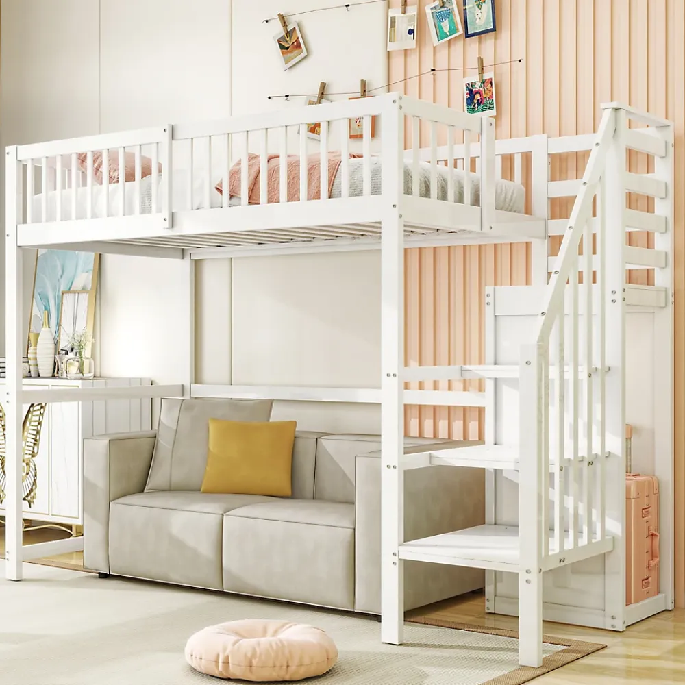 Okwish Lit Mezzanine enfant 90x200 cm avec Rangement, Escalier et Petit Dressing Intégré, Multifonction pour Chambre Ado, Blanc* Lit Mezzanine