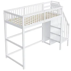 Okwish Lit Mezzanine enfant 90x200 cm avec Rangement, Escalier et Petit Dressing Intégré, Multifonction pour Chambre Ado, Blanc* Lit Mezzanine
