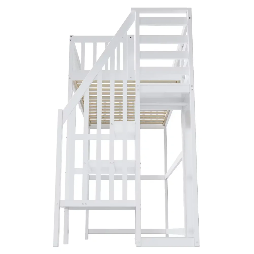 Okwish Lit Mezzanine enfant 90x200 cm avec Rangement, Escalier et Petit Dressing Intégré, Multifonction pour Chambre Ado, Blanc* Lit Mezzanine
