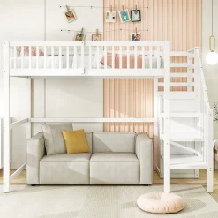 Okwish Lit Mezzanine enfant 90x200 cm avec Rangement, Escalier et Petit Dressing Intégré, Multifonction pour Chambre Ado, Blanc* Lit Mezzanine