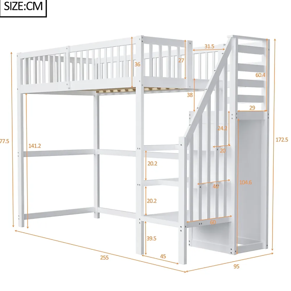 Okwish Lit Mezzanine enfant 90x200 cm avec Rangement, Escalier et Petit Dressing Intégré, Multifonction pour Chambre Ado, Blanc* Lit Mezzanine