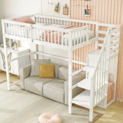 Okwish Lit Mezzanine enfant 90x200 cm avec Rangement, Escalier et Petit Dressing Intégré, Multifonction pour Chambre Ado, Blanc* Lit Mezzanine