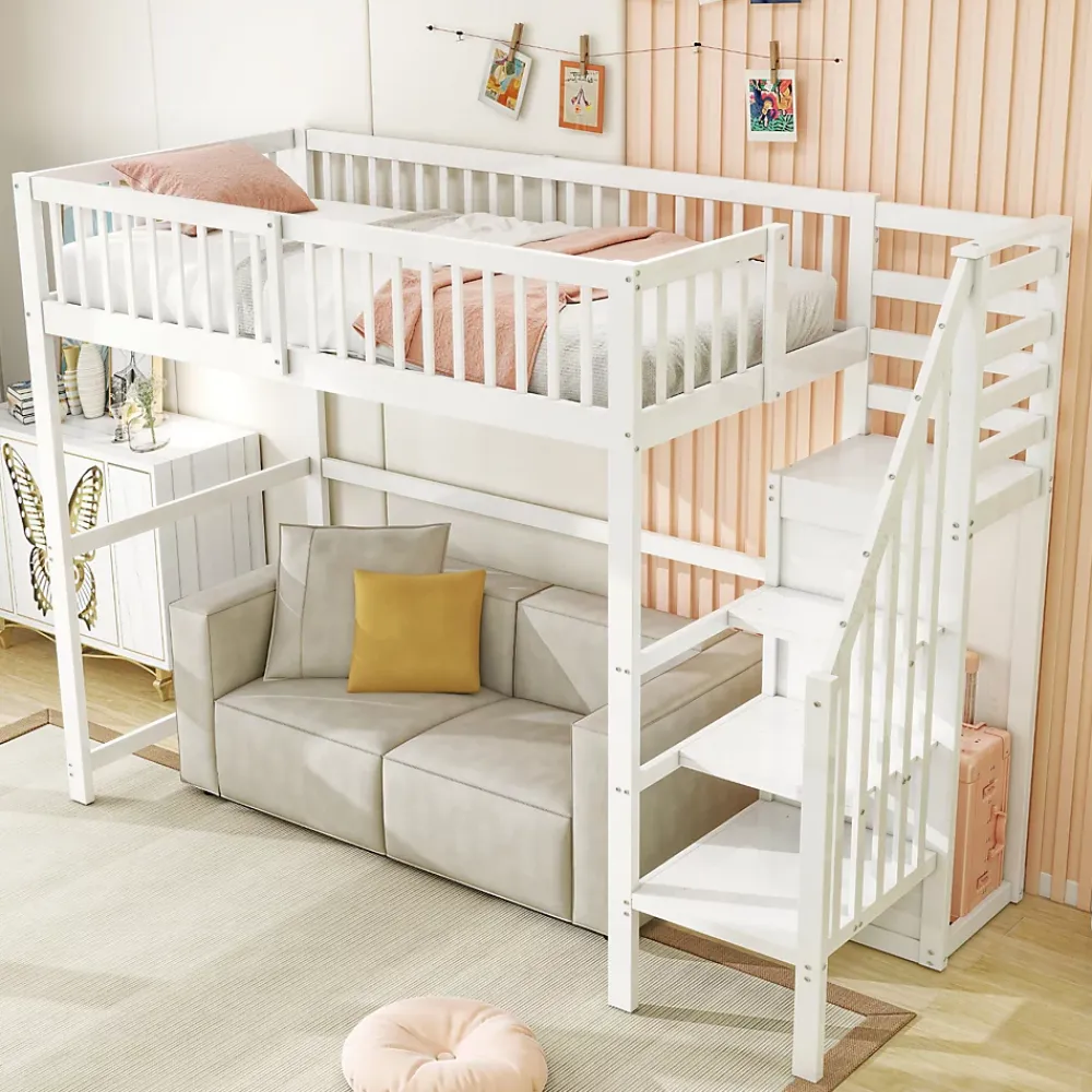 Okwish Lit Mezzanine enfant 90x200 cm avec Rangement, Escalier et Petit Dressing Intégré, Multifonction pour Chambre Ado, Blanc* Lit Mezzanine