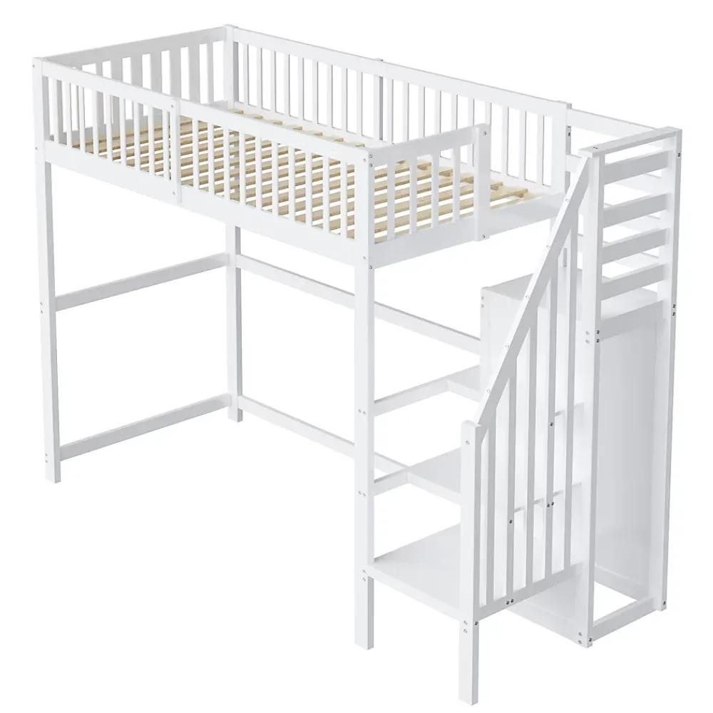 Okwish Lit Mezzanine enfant 90x200 cm avec Rangement, Escalier et Petit Dressing Intégré, Multifonction pour Chambre Ado, Blanc* Lit Mezzanine