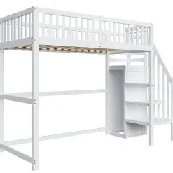 Okwish Lit Mezzanine enfant 90x200 cm avec Rangement, Escalier et Petit Dressing Intégré, Multifonction pour Chambre Ado, Blanc* Lit Mezzanine