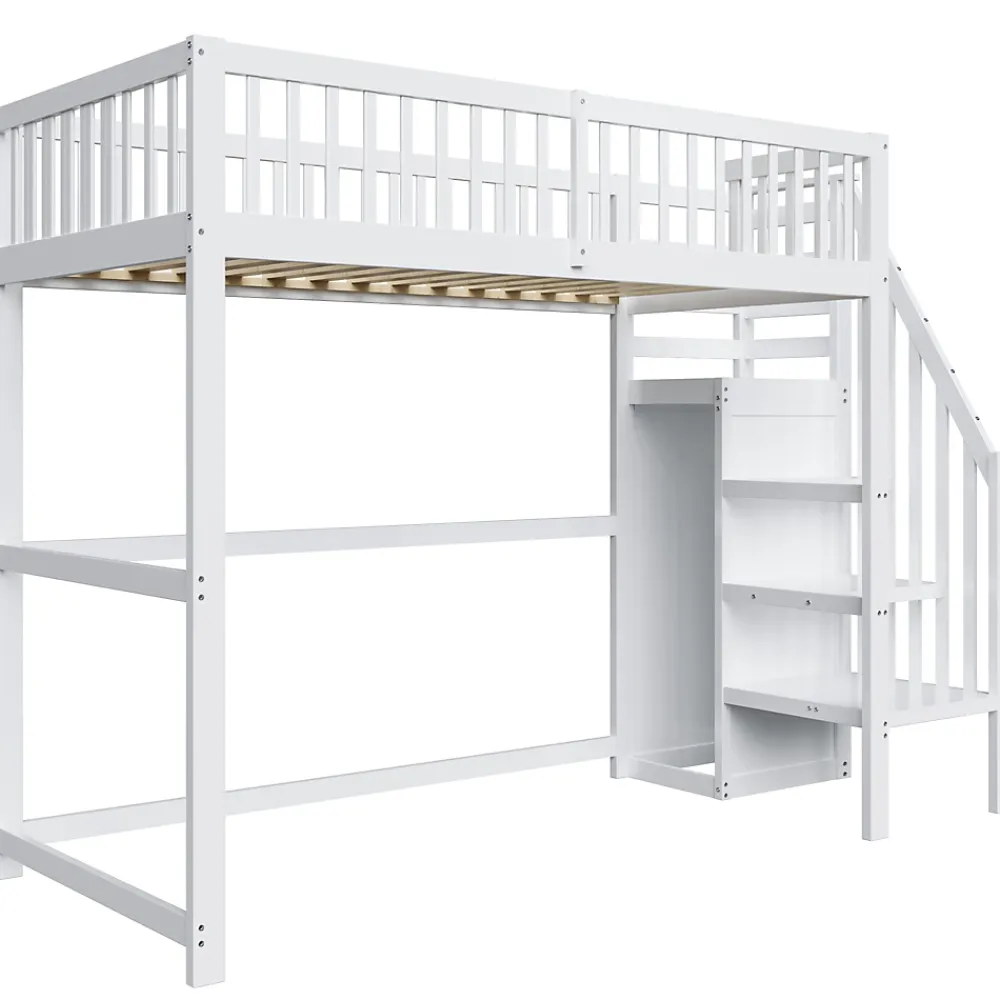 Okwish Lit Mezzanine enfant 90x200 cm avec Rangement, Escalier et Petit Dressing Intégré, Multifonction pour Chambre Ado, Blanc* Lit Mezzanine