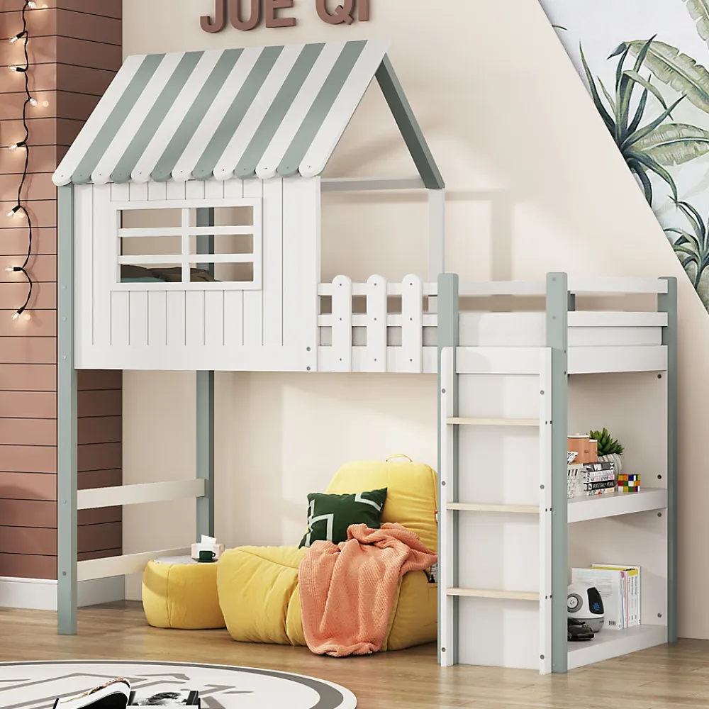 Lit Mezzanine enfant 90x200 cm - Lit Cabane avec Échelle de Sécurité, Rangement Intégré, Bois Massif MDF, Vert, Sans Matelas>Okwish Best