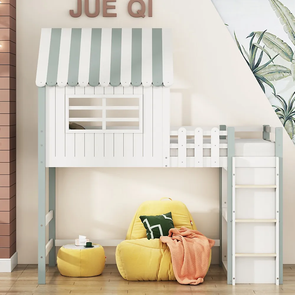 Lit Mezzanine enfant 90x200 cm - Lit Cabane avec Échelle de Sécurité, Rangement Intégré, Bois Massif MDF, Vert, Sans Matelas>Okwish Best