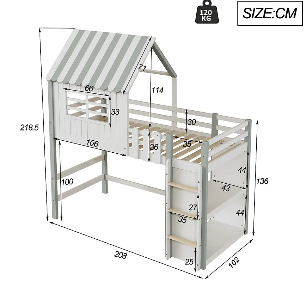 Lit Mezzanine enfant 90x200 cm - Lit Cabane avec Échelle de Sécurité, Rangement Intégré, Bois Massif MDF, Vert, Sans Matelas>Okwish Best