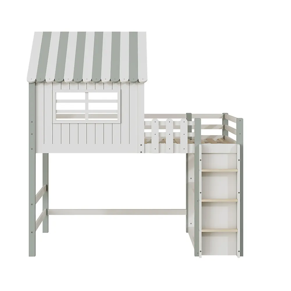 Lit Mezzanine enfant 90x200 cm - Lit Cabane avec Échelle de Sécurité, Rangement Intégré, Bois Massif MDF, Vert, Sans Matelas>Okwish Best