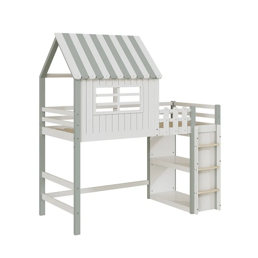 Lit Mezzanine enfant 90x200 cm - Lit Cabane avec Échelle de Sécurité, Rangement Intégré, Bois Massif MDF, Vert, Sans Matelas>Okwish Best