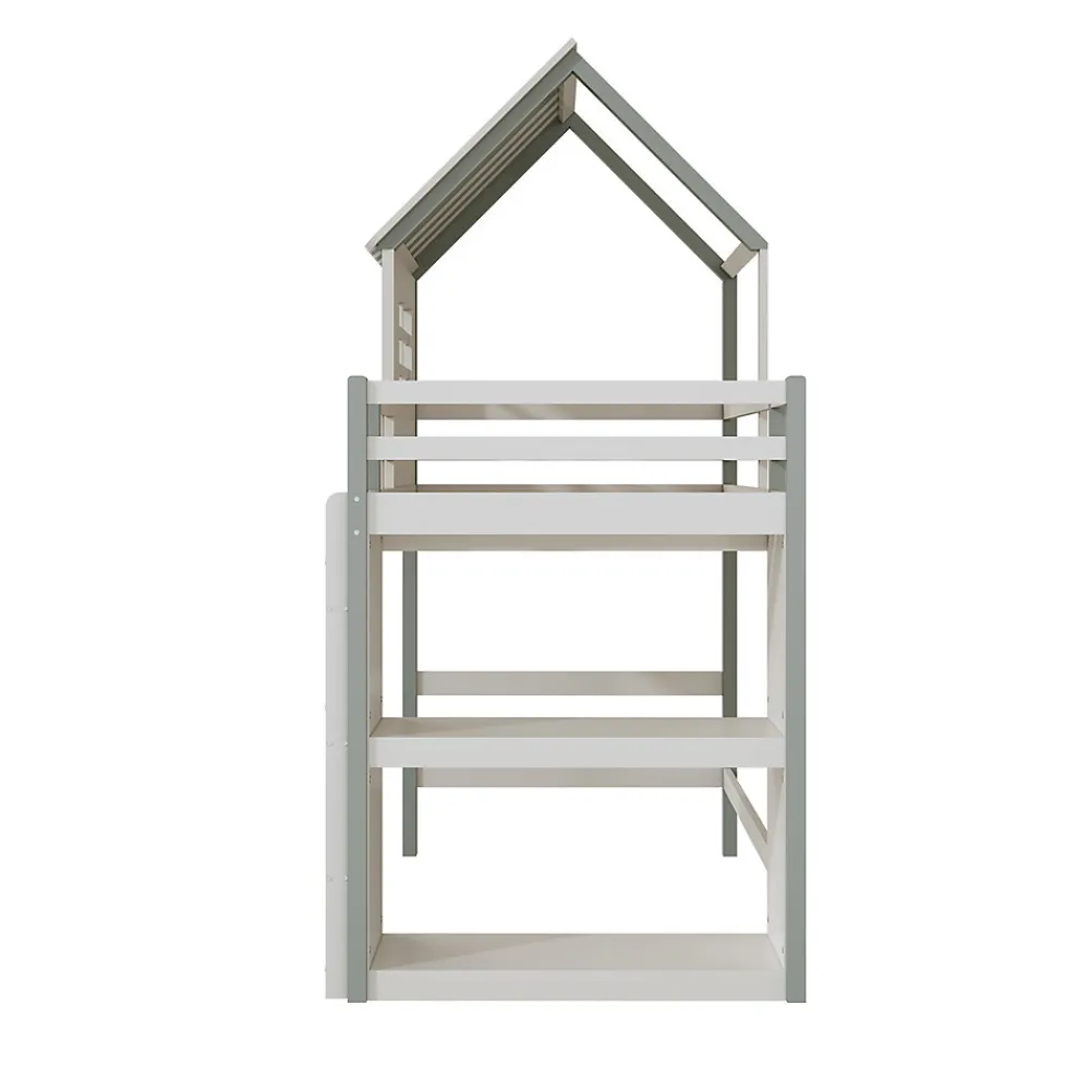 Lit Mezzanine enfant 90x200 cm - Lit Cabane avec Échelle de Sécurité, Rangement Intégré, Bois Massif MDF, Vert, Sans Matelas>Okwish Best