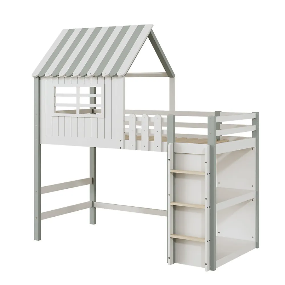 Lit Mezzanine enfant 90x200 cm - Lit Cabane avec Échelle de Sécurité, Rangement Intégré, Bois Massif MDF, Vert, Sans Matelas>Okwish Best