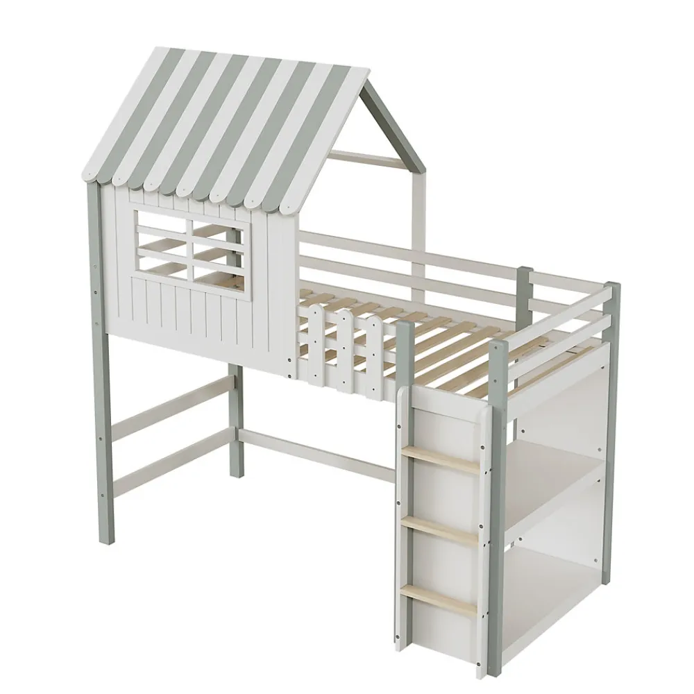Lit Mezzanine enfant 90x200 cm - Lit Cabane avec Échelle de Sécurité, Rangement Intégré, Bois Massif MDF, Vert, Sans Matelas>Okwish Best