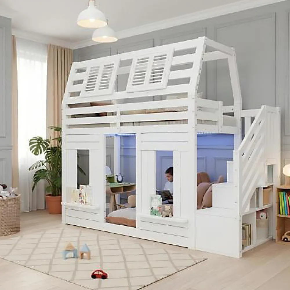 Lit mezzanine enfant 90x200cm avec LED - Barrières de sécurité et échelle de rangement - MDF + Bois massif - Blanc (sans matelas)>ModernLuxe Best