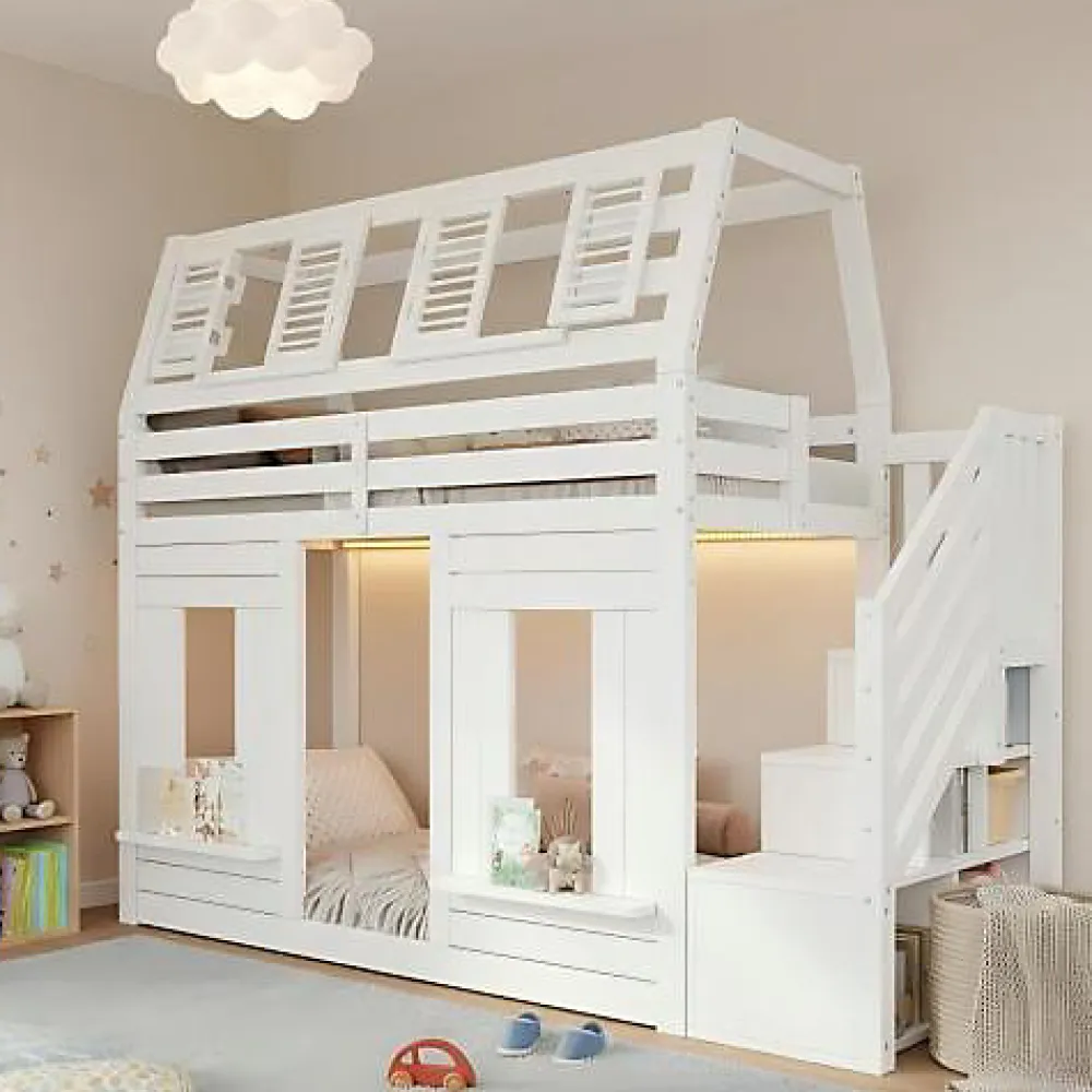 Lit mezzanine enfant 90x200cm avec LED - Barrières de sécurité et échelle de rangement - MDF + Bois massif - Blanc (sans matelas)>ModernLuxe Best
