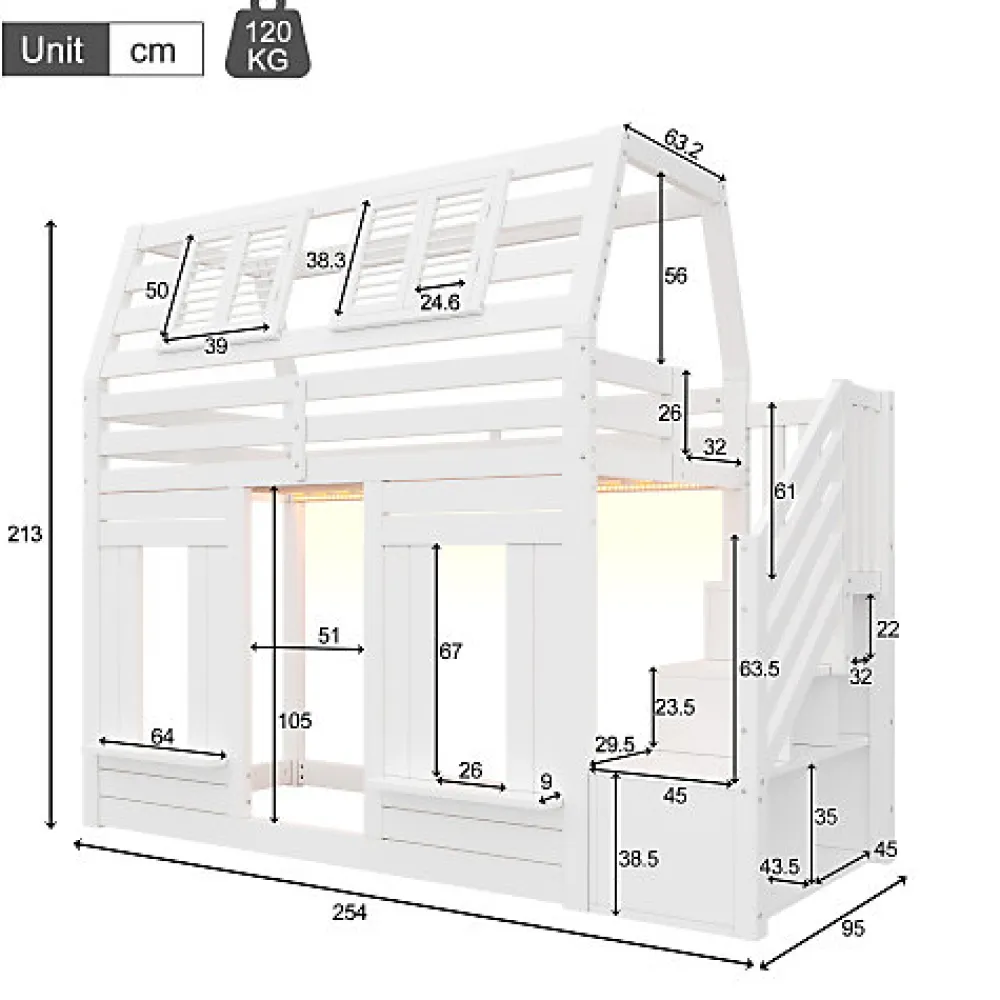 Lit mezzanine enfant 90x200cm avec LED - Barrières de sécurité et échelle de rangement - MDF + Bois massif - Blanc (sans matelas)>ModernLuxe Best
