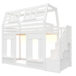Lit mezzanine enfant 90x200cm avec LED - Barrières de sécurité et échelle de rangement - MDF + Bois massif - Blanc (sans matelas)><noscript><img width=