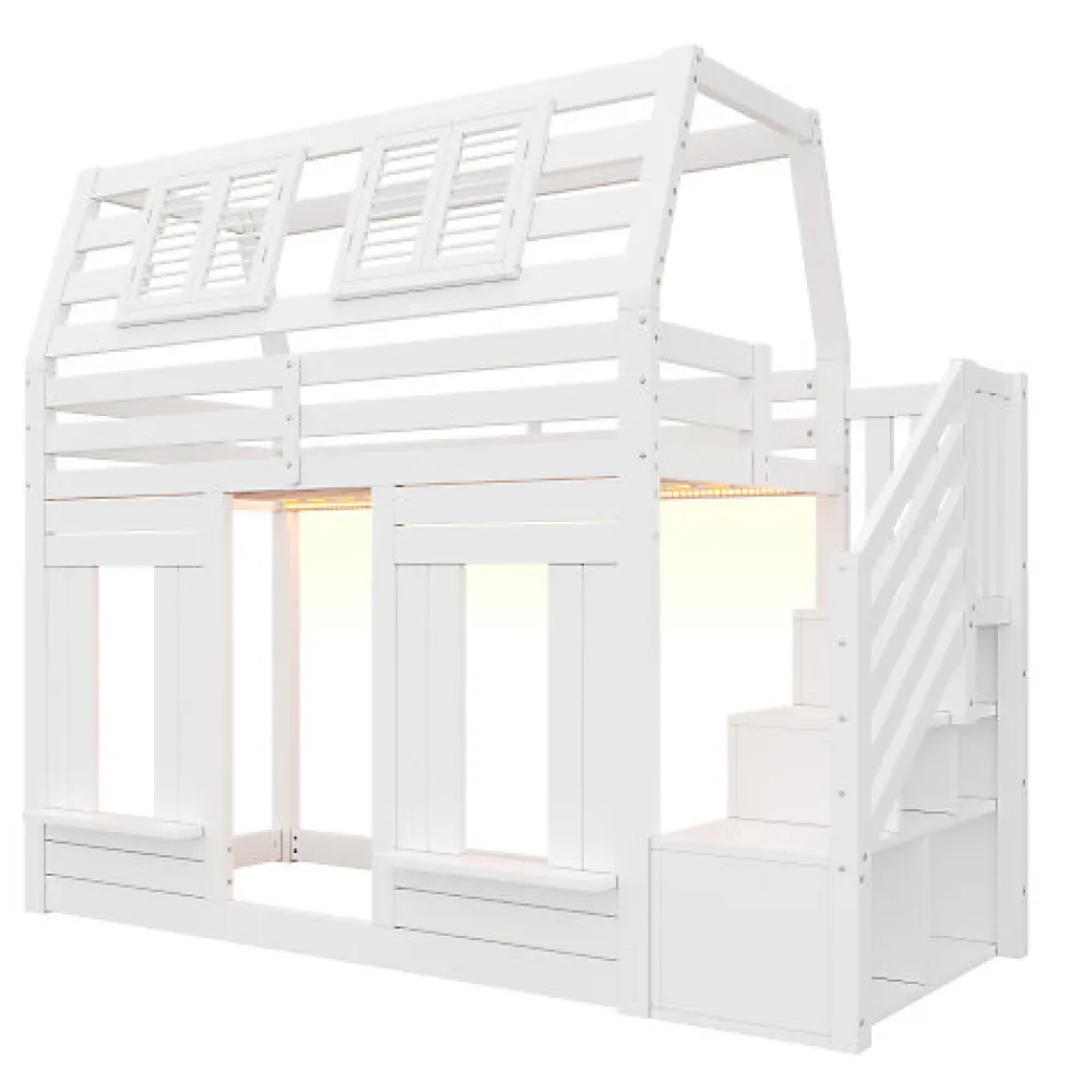 Lit mezzanine enfant 90x200cm avec LED - Barrières de sécurité et échelle de rangement - MDF + Bois massif - Blanc (sans matelas)>ModernLuxe Best