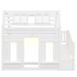 Lit mezzanine enfant 90x200cm avec LED - Barrières de sécurité et échelle de rangement - MDF + Bois massif - Blanc (sans matelas)><noscript><img width=