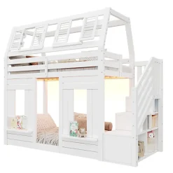 Lit mezzanine enfant 90x200cm avec LED - Barrières de sécurité et échelle de rangement - MDF + Bois massif - Blanc (sans matelas)><noscript><img width=