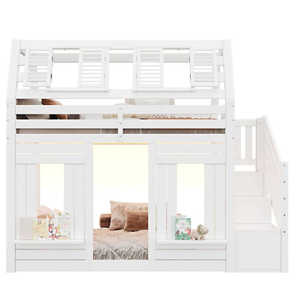 Lit mezzanine enfant 90x200cm avec LED - Barrières de sécurité et échelle de rangement - MDF + Bois massif - Blanc (sans matelas)>ModernLuxe Best