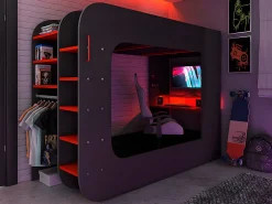 Lit mezzanine gamer 90 x 200 cm - Avec bureau et rangements - Avec LEDs - Anthracite et rouge - WARRIOR><noscript><img width=