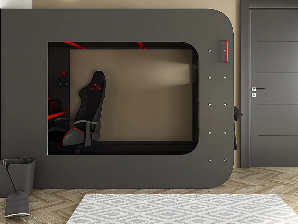 Lit mezzanine gamer 90 x 200 cm - Avec bureau et rangements - Avec LEDs - Anthracite et rouge - WARRIOR>Vente-unique Best