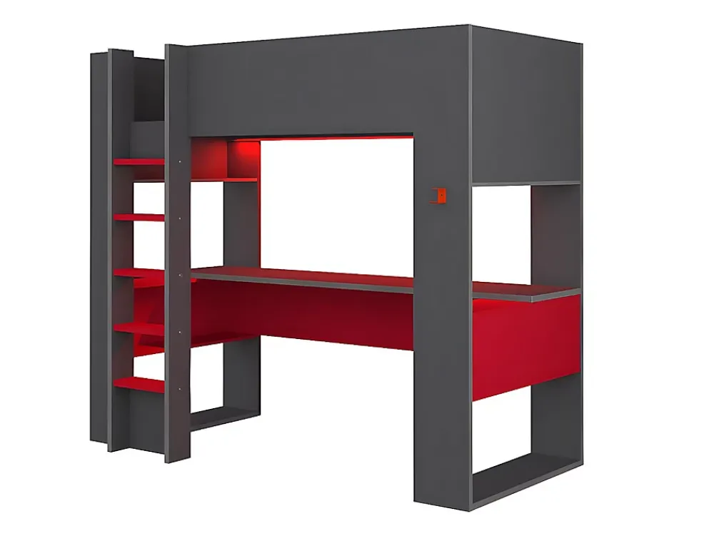 Vente-unique Lit mezzanine gamer NOAH avec bureau et rangements intégrés - 90 x 200 cm - Avec LEDs - Anthracite et rouge + matelas* Lit Mezzanine