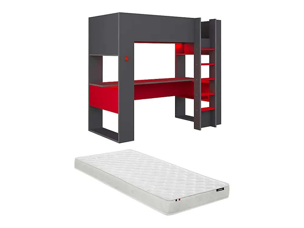 Vente-unique Lit mezzanine gamer NOAH avec bureau et rangements intégrés - 90 x 200 cm - Avec LEDs - Anthracite et rouge + matelas* Lit Mezzanine