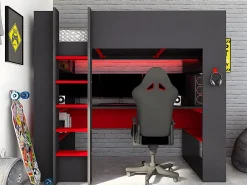 Vente-unique Lit mezzanine gamer NOAH avec bureau et rangements intégrés - 90 x 200 cm - Avec LEDs - Anthracite et rouge + matelas* Lit Mezzanine
