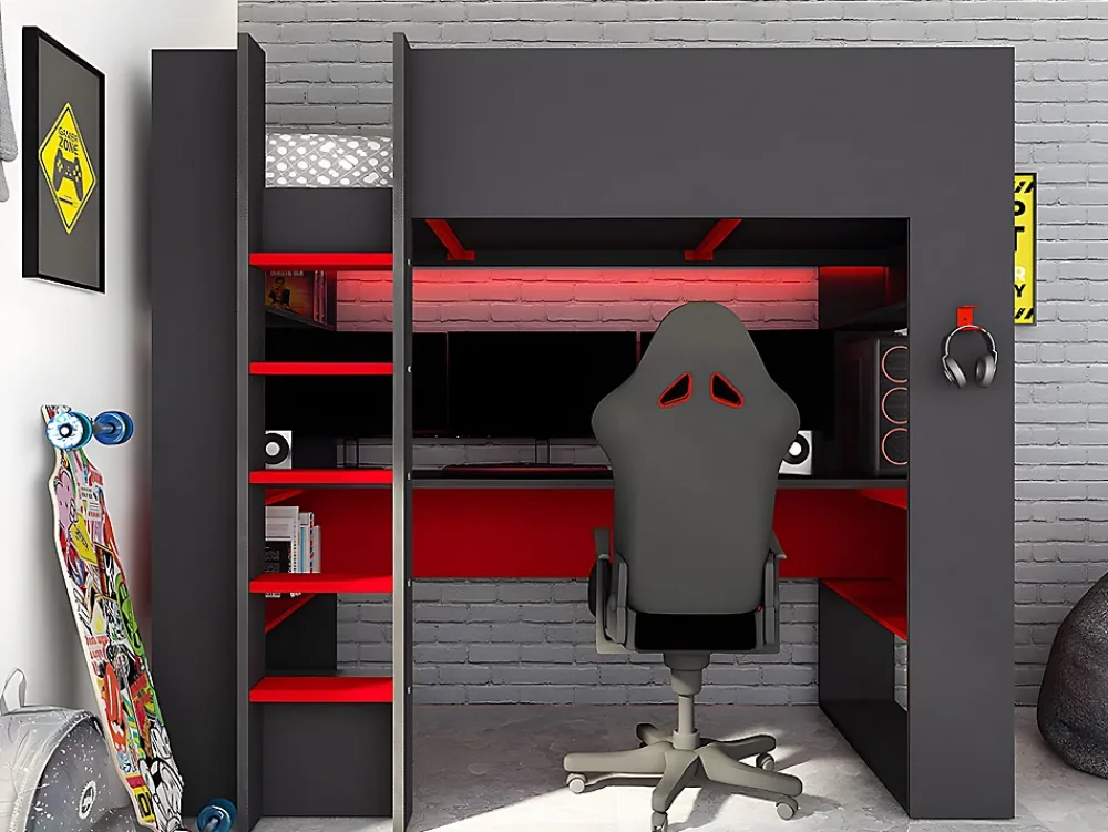Vente-unique Lit mezzanine gamer NOAH avec bureau et rangements intégrés - 90 x 200 cm - Avec LEDs - Anthracite et rouge + matelas* Lit Mezzanine