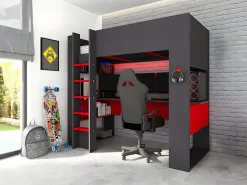 Vente-unique Lit mezzanine gamer NOAH avec bureau et rangements intégrés - 90 x 200 cm - Avec LEDs - Anthracite et rouge* Lit Mezzanine