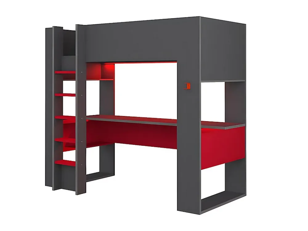 Vente-unique Lit mezzanine gamer NOAH avec bureau et rangements intégrés - 90 x 200 cm - Avec LEDs - Anthracite et rouge* Lit Mezzanine