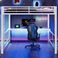 Lit mezzanine gaming en métal 160x200cm - avec bureau - avec éclairage LED et port de chargement USB - Blanc(sans matelas)><noscript><img width=