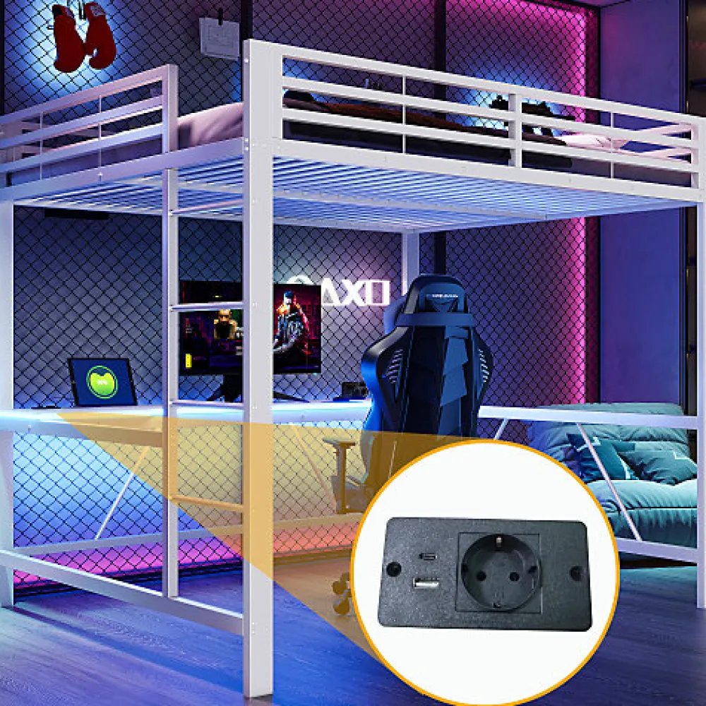 Lit mezzanine gaming en métal 160x200cm - avec bureau - avec éclairage LED et port de chargement USB - Blanc(sans matelas)>ModernLuxe Discount