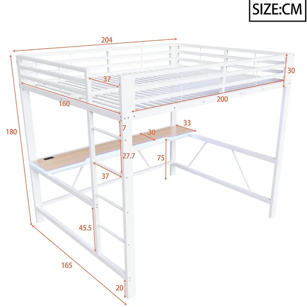 Lit mezzanine gaming en métal 160x200cm - avec bureau - avec éclairage LED et port de chargement USB - Blanc(sans matelas)>ModernLuxe Discount