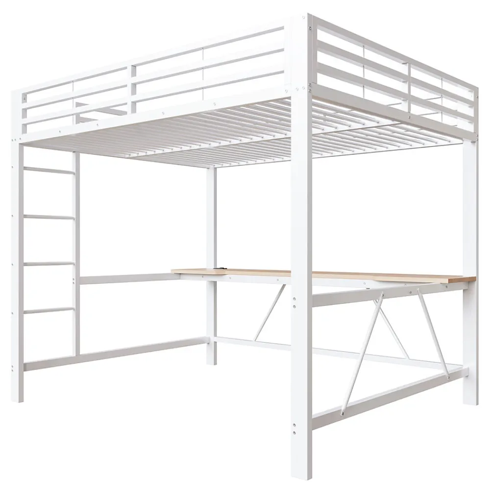 Lit mezzanine gaming en métal 160x200cm - avec bureau - avec éclairage LED et port de chargement USB - Blanc(sans matelas)>ModernLuxe Discount